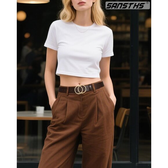 Women's Leather Belt Jeans Pants Fashion Waist Belt Ring Buckle Coffee Gold - Picture 4 of 5